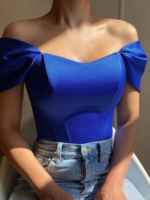 Blue sweetheart neckline off-shoulder corset blouse with bow sleeves.