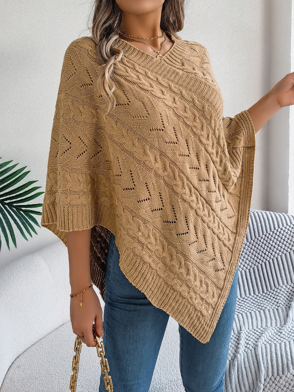 Camel cable knit poncho with chevron detail and V-neck