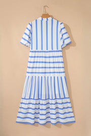 Tiered white and blue striped midi dress with short sleeves and ruffled hem.