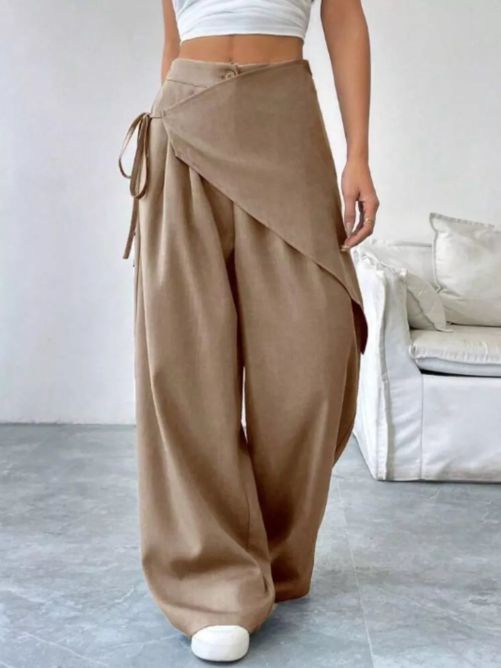 Chic high-waisted wide-leg maternity pants in Khaki with a wrap detail and tie closure.