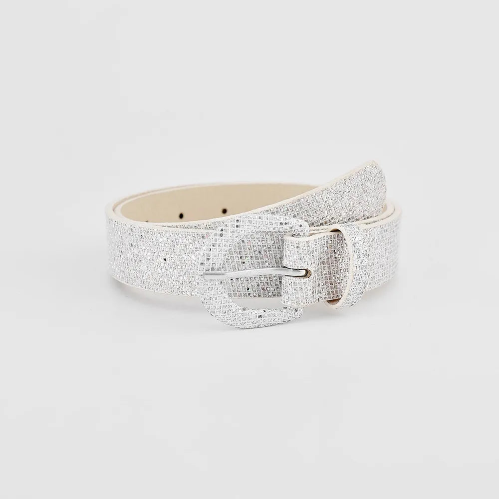 Silver glitter micro-studded belt with a silver buckle