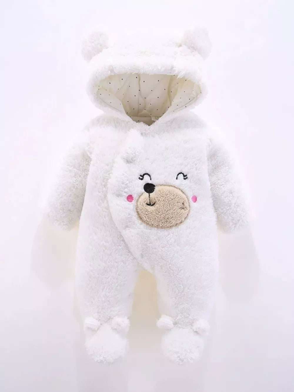 White hooded baby one-piece with bear ears and embroidered face detail