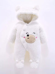 White hooded baby one-piece with bear ears and embroidered face detail