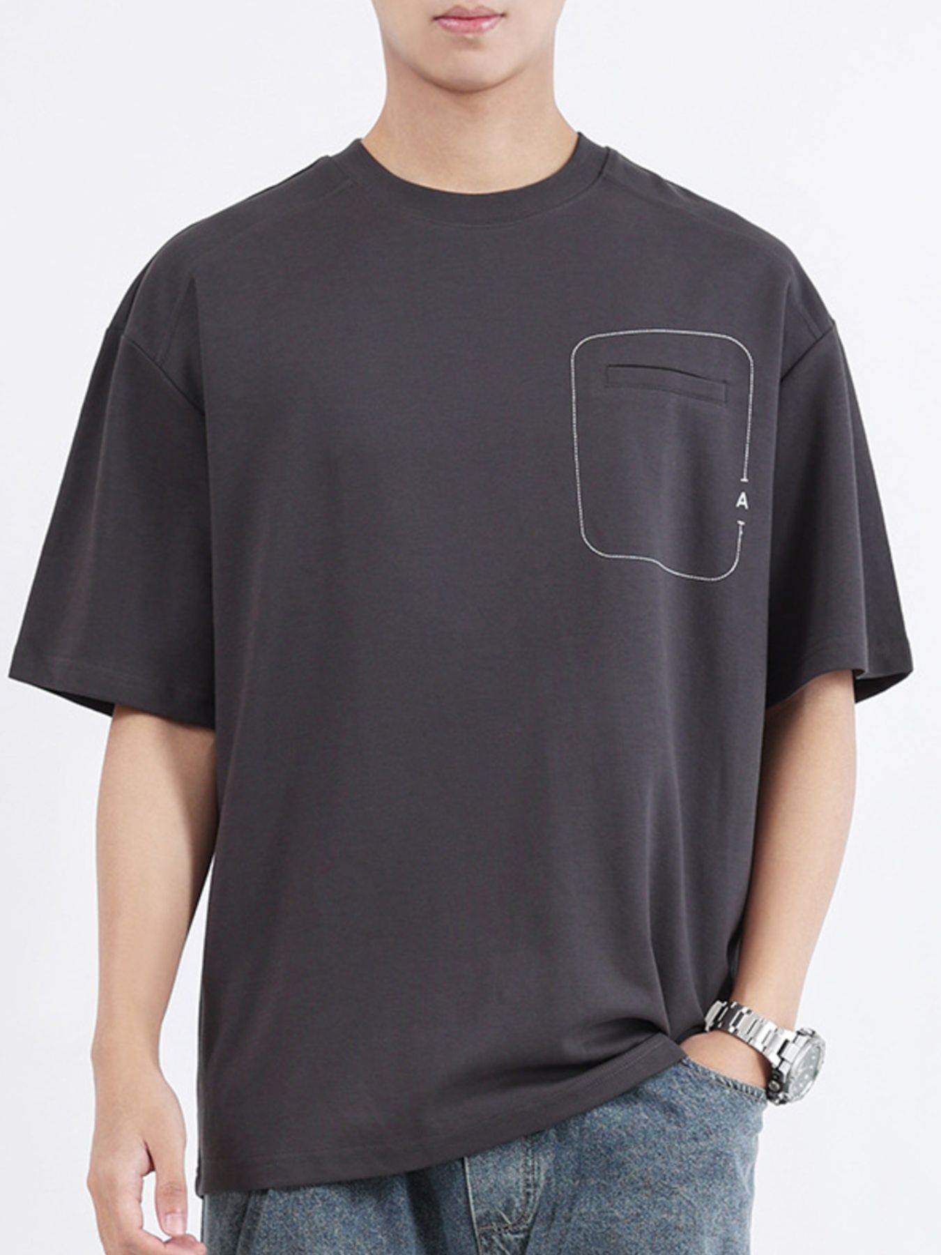 Men's dark gray cotton crew neck t-shirt with decorative pocket detail
