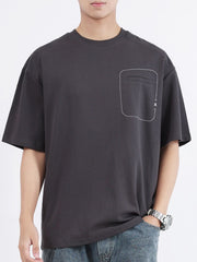 Men's dark gray cotton crew neck t-shirt with decorative pocket detail