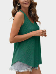Dark green eyelet scoop-neck trapeze tank top with a relaxed fit.