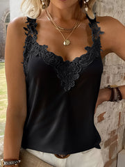 Black lace trimmed halter cami with a V-neckline.
