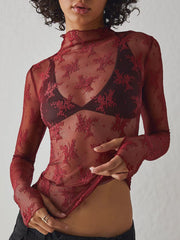 Deep Red floral lace illusion mock neck long sleeve blouse with sheer sleeves.