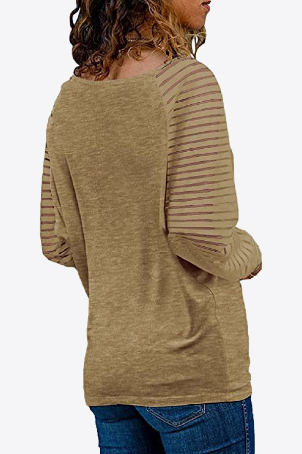 Striped sleeve raglan v-neck top in Olive Brown with horizontal sleeve stripes.