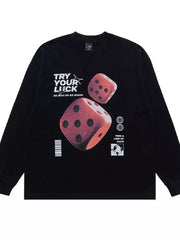 Black cotton long sleeve tee with bold lucky dice graphic and text.