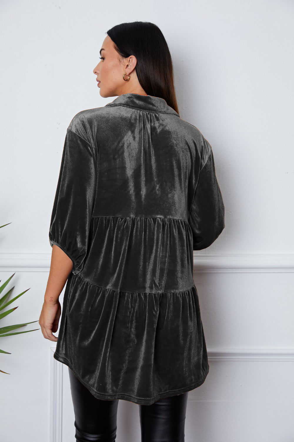 Charcoal velvet tiered button-down tunic with three-quarter sleeves and a collared neckline.