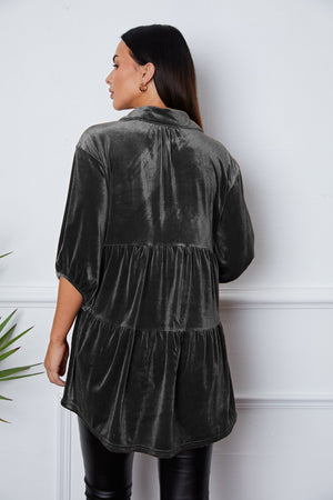 Charcoal velvet tiered button-down tunic with three-quarter sleeves and a collared neckline.