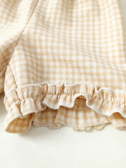 Children's beige gingham cotton set with ruffled hem detail