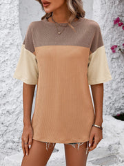 Mandy Color Pop T-Shirt in Camel/Orange and White/Blue colorblock with striped detail.