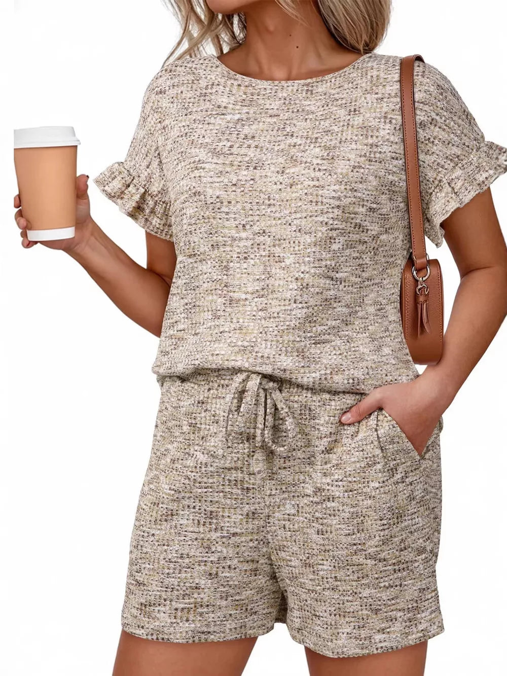 Khaki ruffled sleeve two-piece set with drawstring shorts and textured fabric.