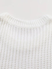 Ribbed Knit Round Neck Chunky Sweater in White, product detail