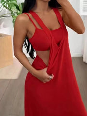 Red scoop neck cami and maxi dress duo with double spaghetti straps and side cutouts.