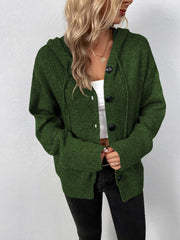 Button-front hooded knit cardigan in Matcha Green with drawstring hood and ribbed cuffs.