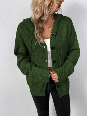 Button-front hooded knit cardigan in Matcha Green with drawstring hood and ribbed cuffs.