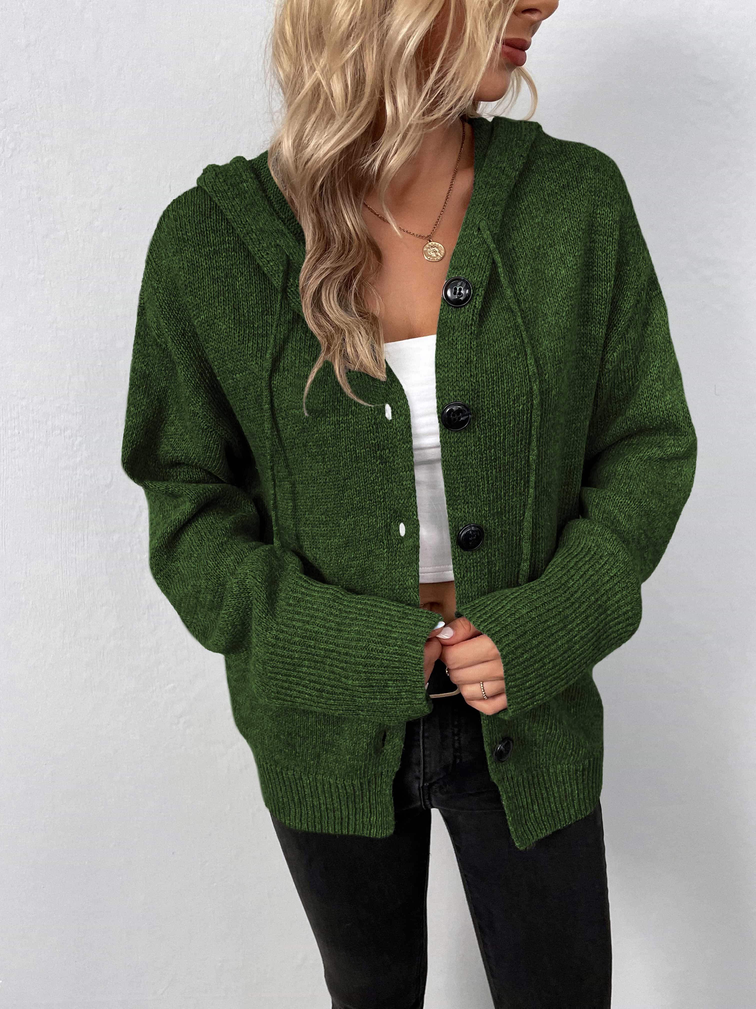 Button-front hooded knit cardigan in Matcha Green with drawstring hood and ribbed cuffs.