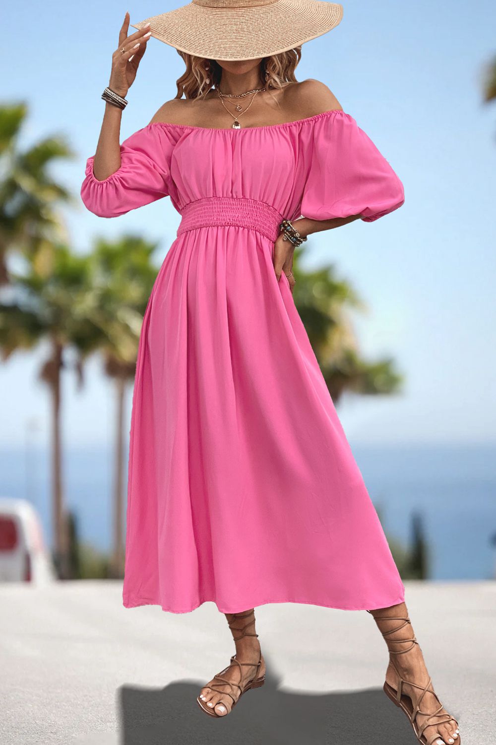 Pink off-shoulder puff sleeve empire midi dress with smocked waist