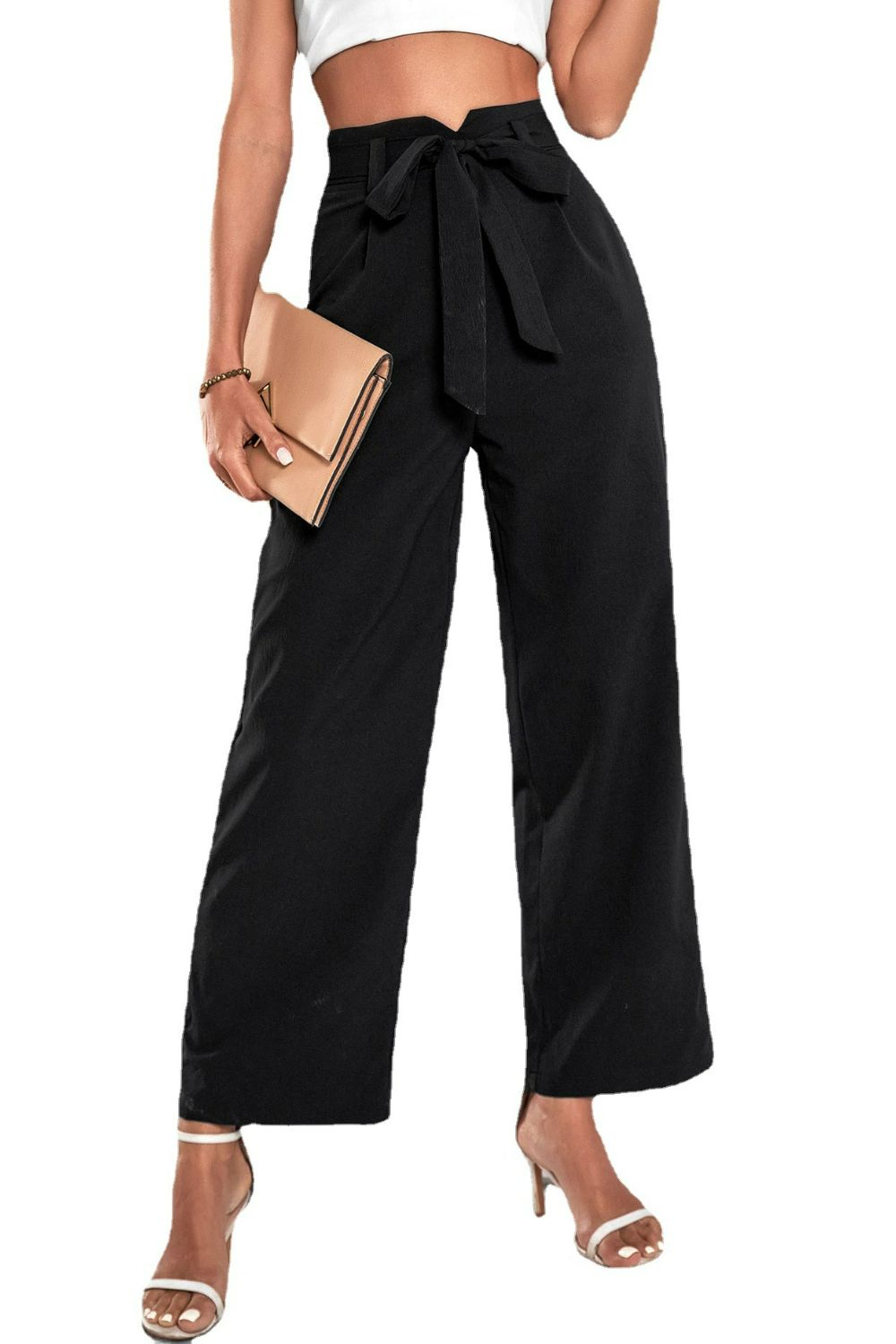 Belted high-waist palazzo trousers in black with a self-tie bow waist.