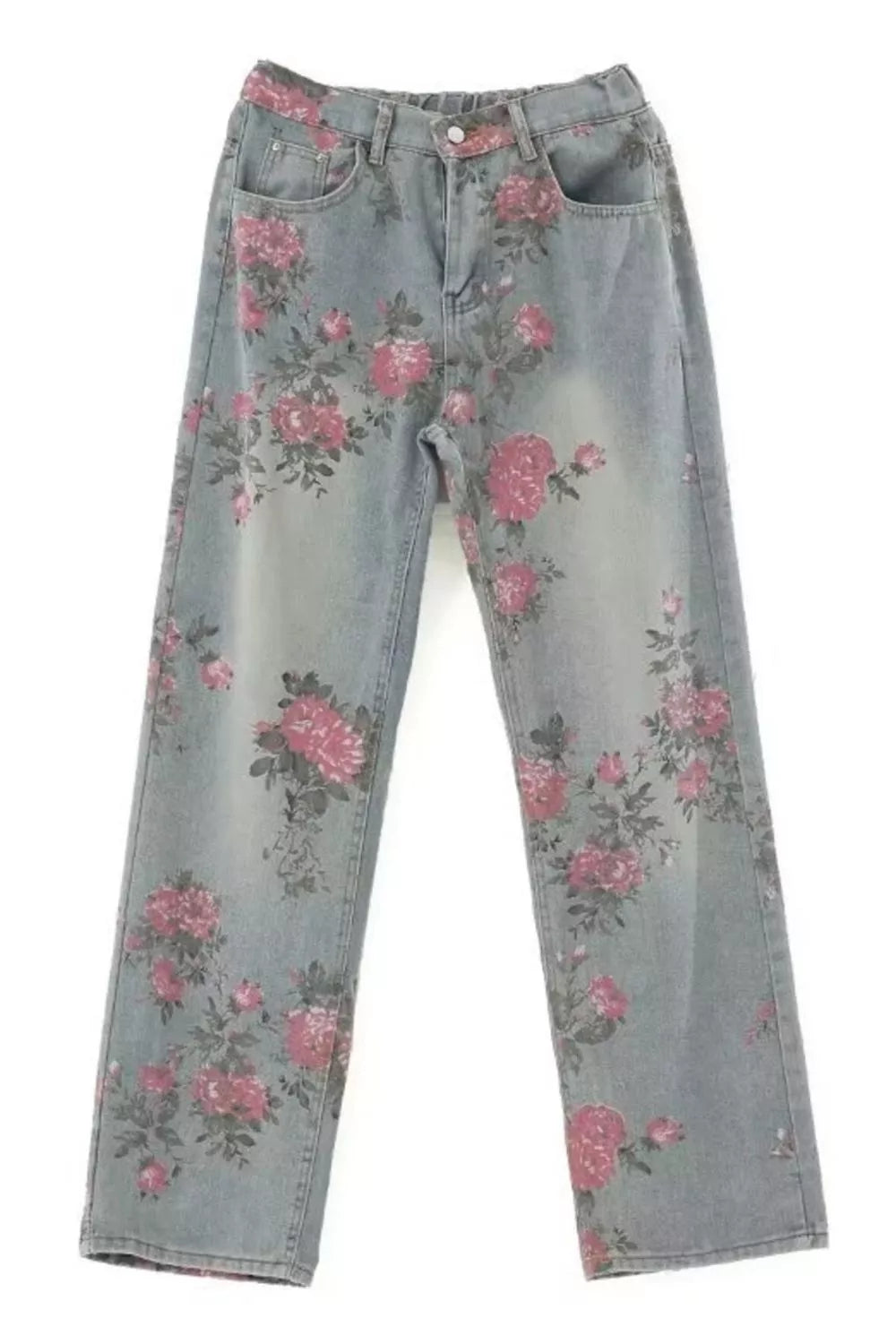Maternity wide-leg jeans in light wash denim with an all-over pink floral print.