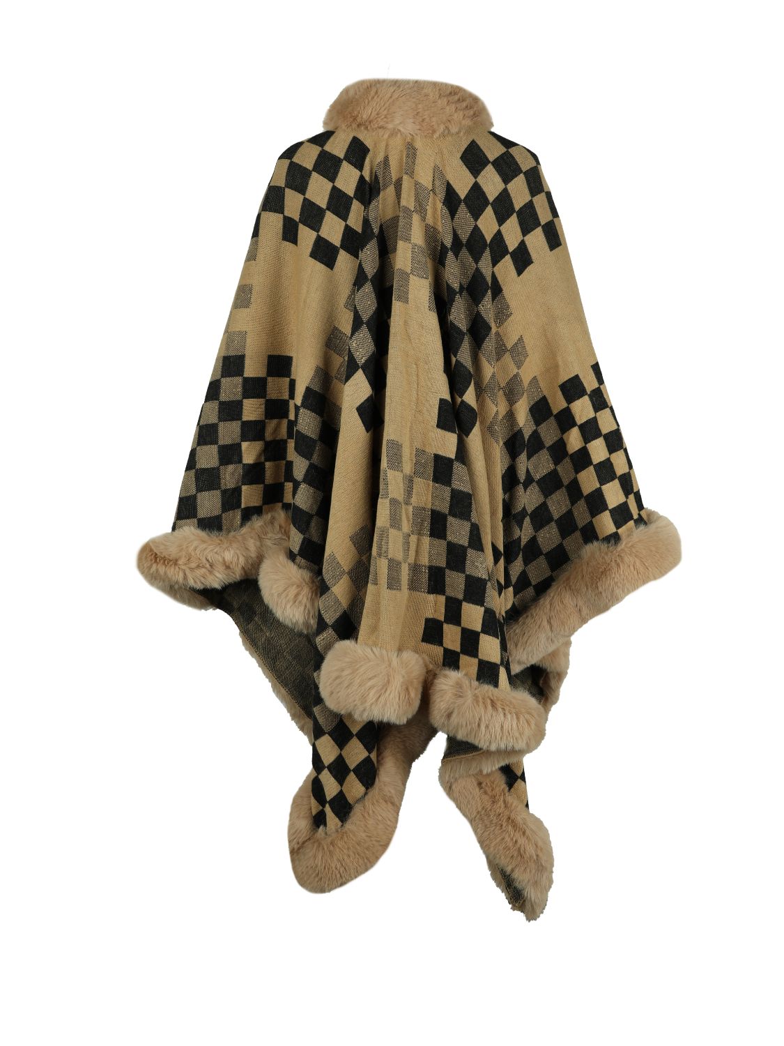 Diamond checkered poncho in Khaki with faux fur trim and collar.