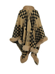 Diamond checkered poncho in Khaki with faux fur trim and collar.