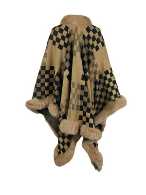 Diamond checkered poncho in Khaki with faux fur trim and collar.