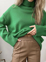 Dark Green ribbed turtleneck sweater with relaxed fit and long sleeves