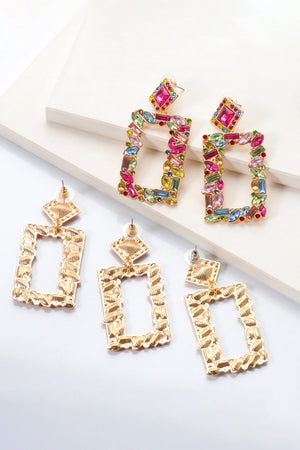 Geometric Jewel Box earrings in gold-tone with multicolor gems and textured rectangular frames.