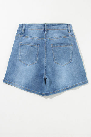 Embellished denim cuffed high-rise shorts in medium wash with back pockets.