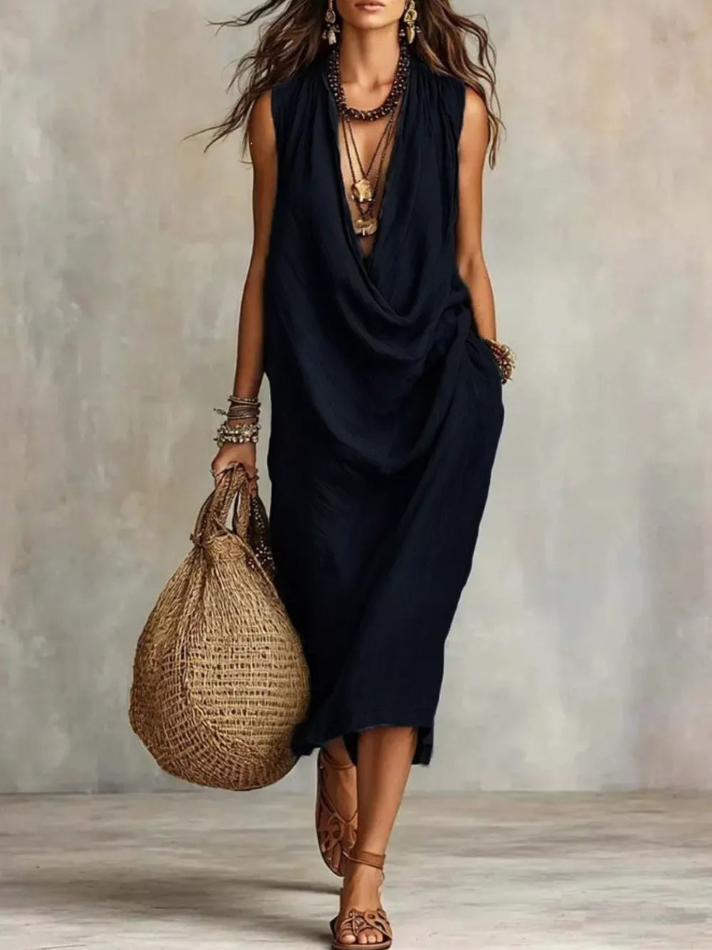 Full Size Cowl Neck Sleeveless Midi Dress in Black, back view