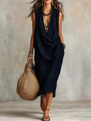 Full Size Cowl Neck Sleeveless Midi Dress in Black, back view
