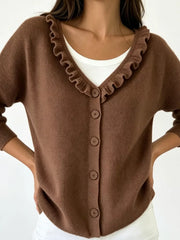 Ruffled Neckline Button-up Cardigan in White, view 13