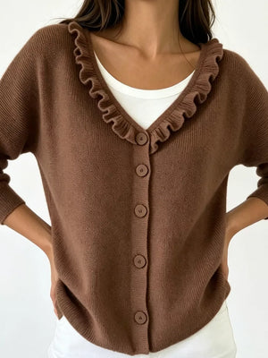 Ruffled Neckline Button-up Cardigan in White, view 13