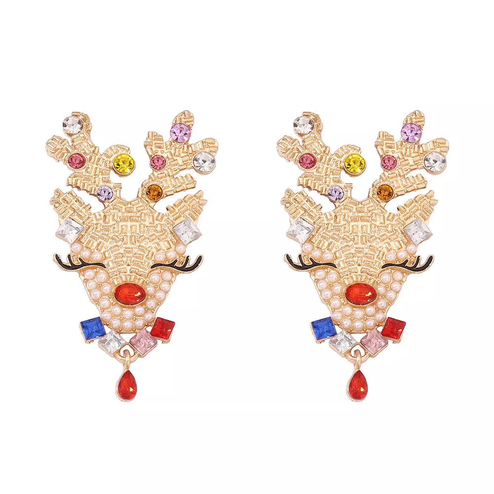 Festive reindeer earrings with colorful rhinestones and pearls, 18k gold tone