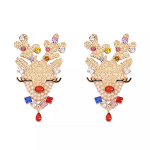 Festive reindeer earrings with colorful rhinestones and pearls, 18k gold tone