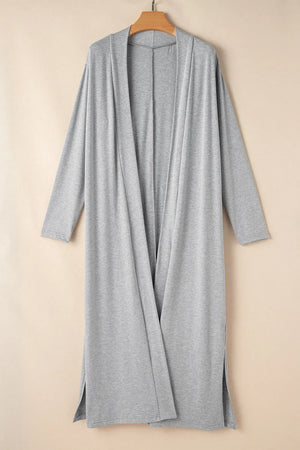 Gray duster cardigan with long sleeves and side slits, perfect for loungewear.