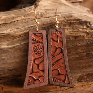Tooled leather and wood drop earrings with floral pattern, Style A