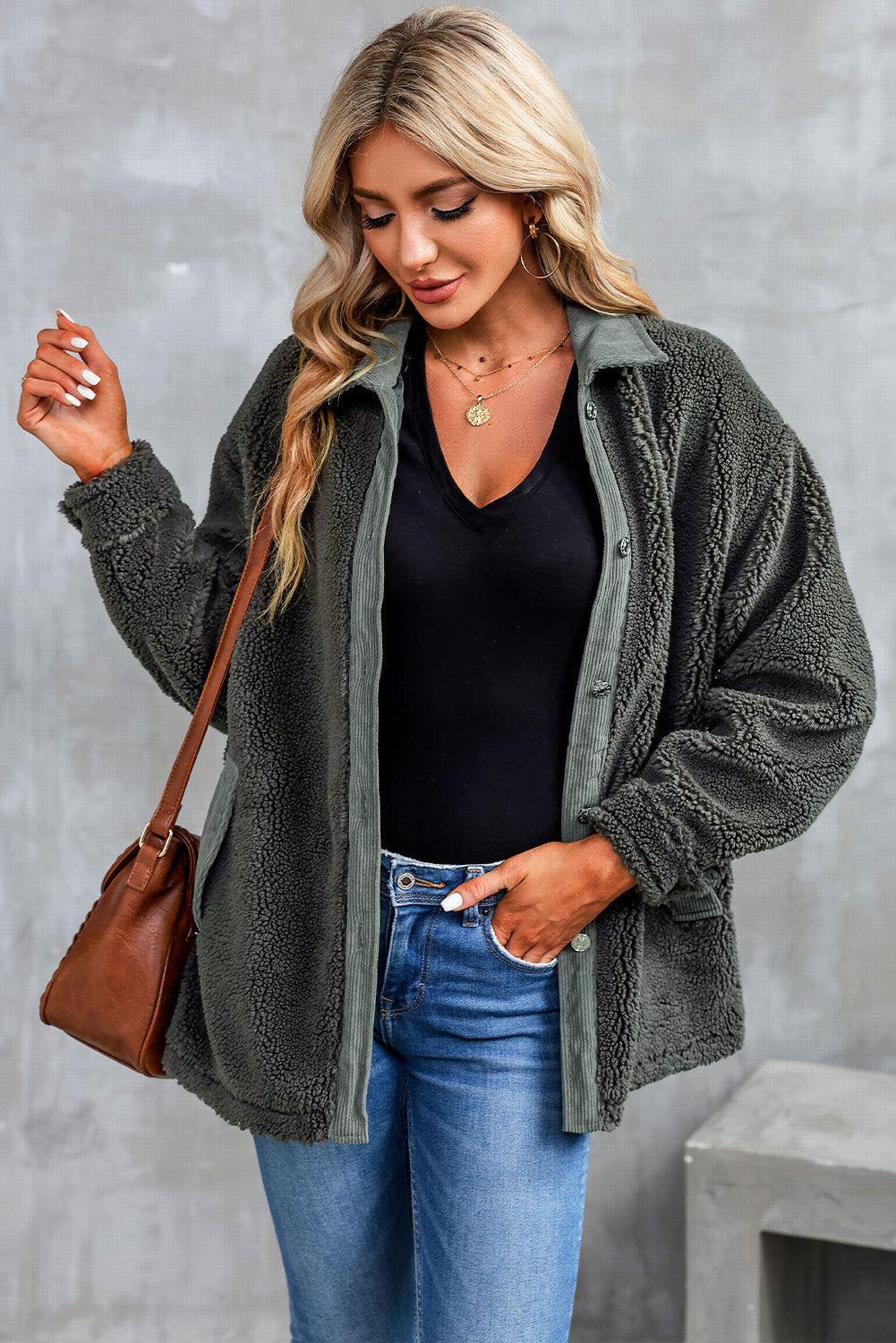 Textured teddy jacket in charcoal with corduroy trim and button front.