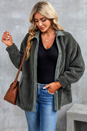 Textured teddy jacket in charcoal with corduroy trim and button front.
