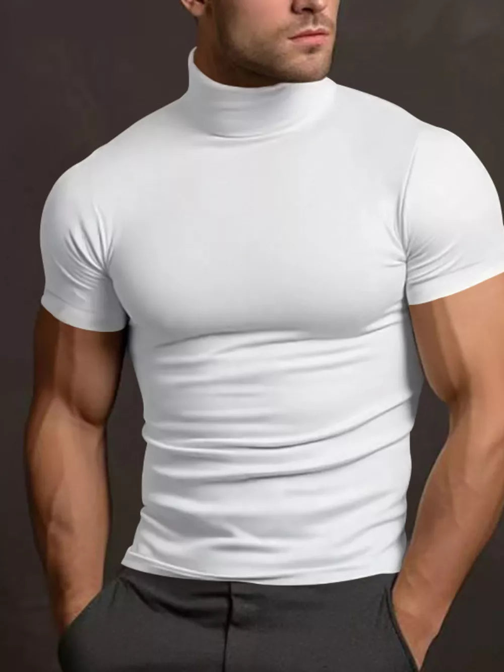 Men's Plus Size Short Sleeve Turtleneck T-shirt in Tan, fabric detail
