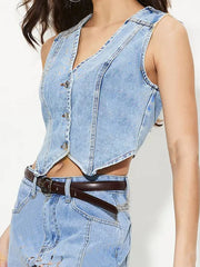 Light wash denim cropped bustier vest with button front and V-neckline.