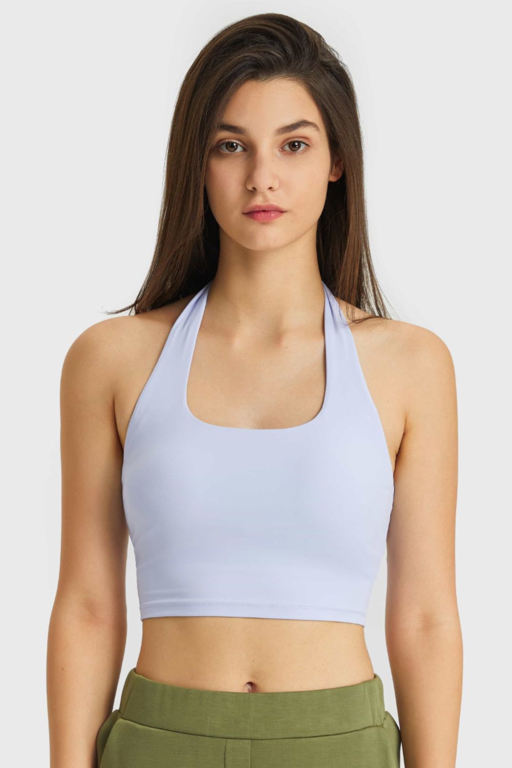 Light blue halter neck sports bra with ruched back detail