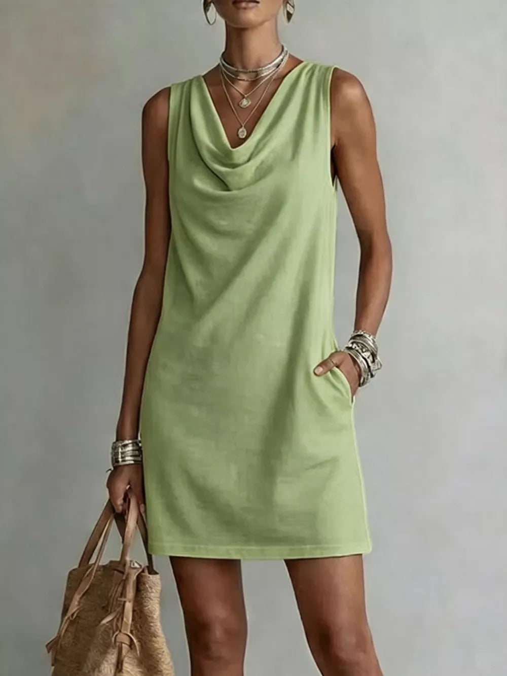 Chic Cowl Neck Mini Dress With Pockets