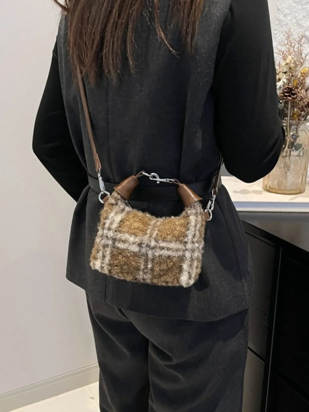 Shearling check mini shoulder bag with brown leather trim and silver hardware.