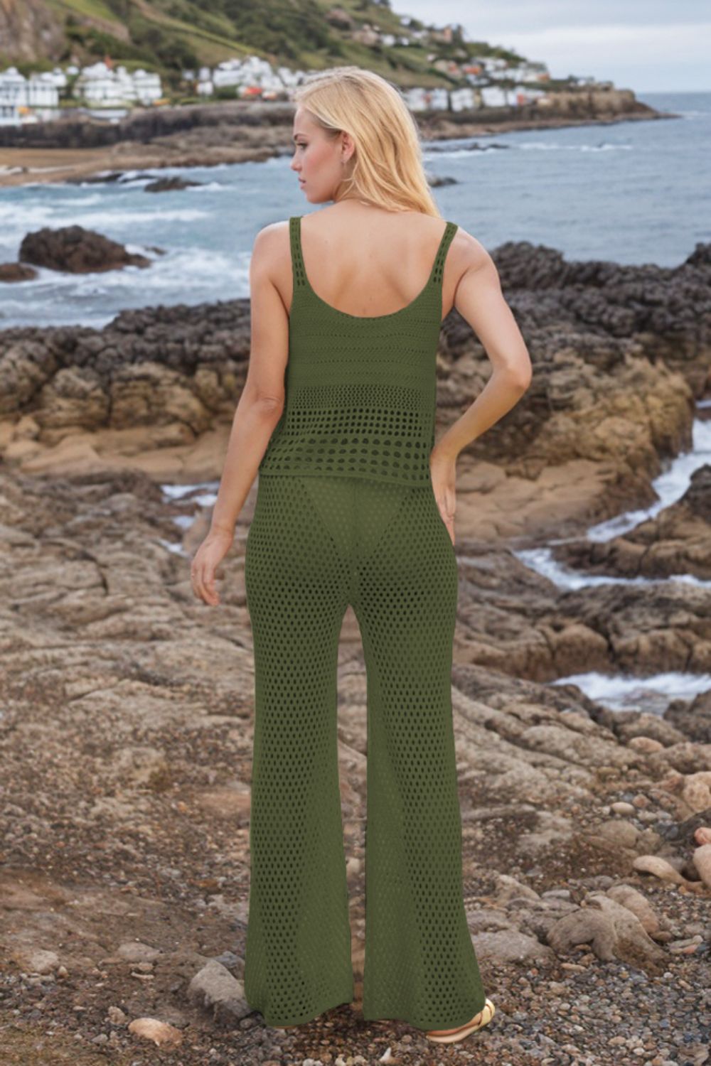 Moss open-knit crochet tank and wide-leg trouser set with scoop neckline and flared legs.