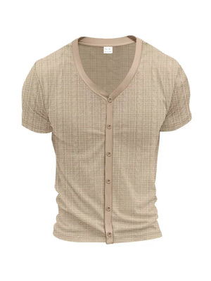 Men's Khaki V-neck button-down t-shirt with textured fabric and short sleeves.